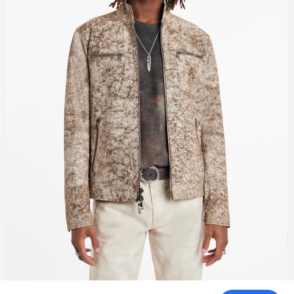 Armani Exchange Cracked Leather Moto Jacket Milk Yellow Brown Gold Medium